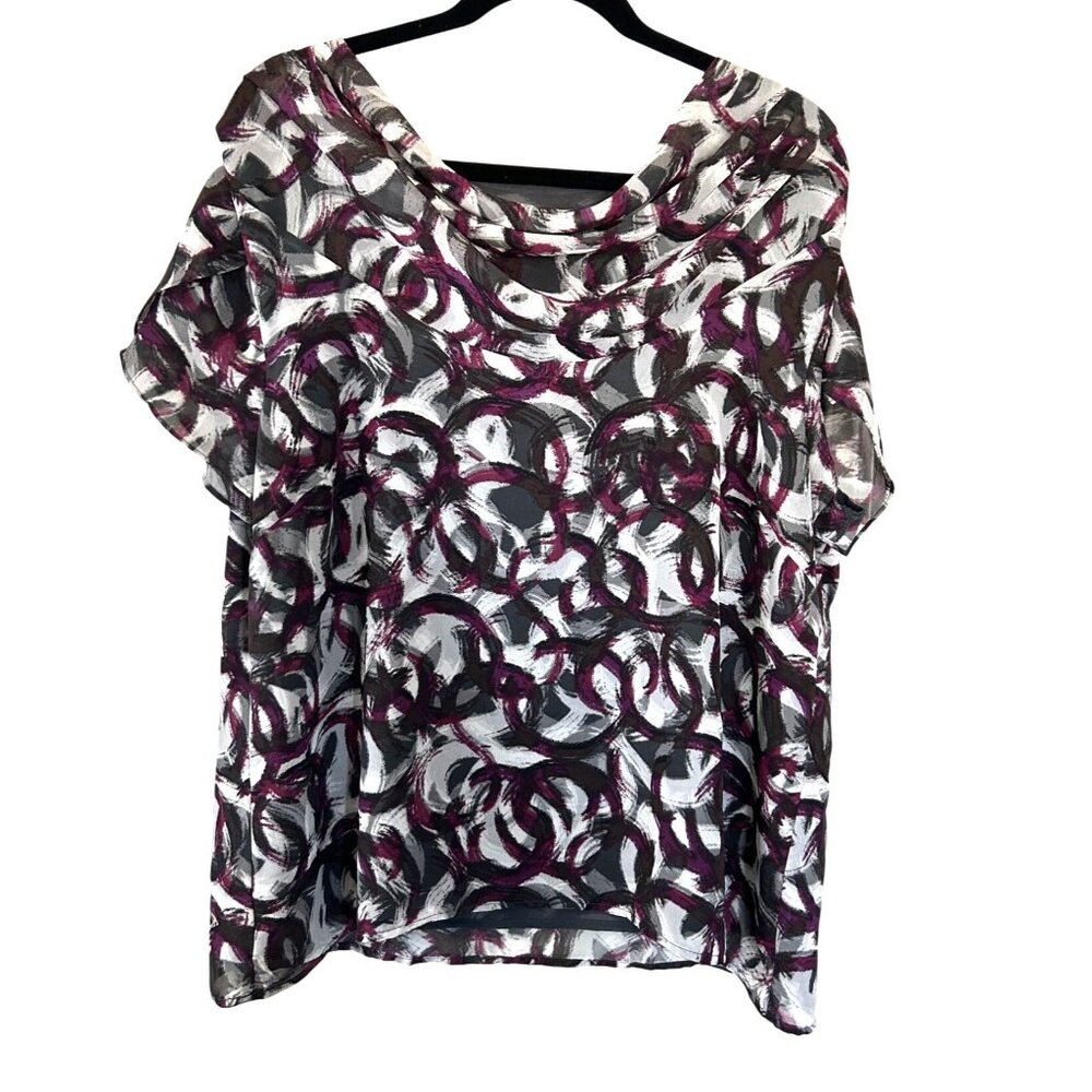 212 Collection Womens Sheer Abstract Print Top XL Polyester Black White Purple